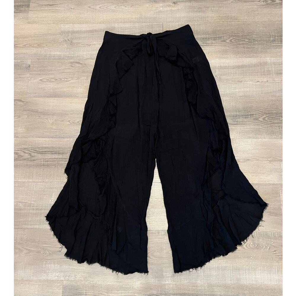 Black Ruffled Open Leg Boho Tie Front Pants